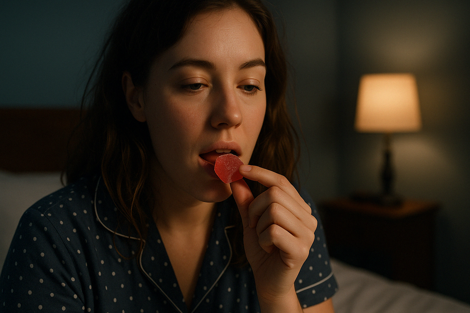 A girl taking a thc gummy before going to sleep