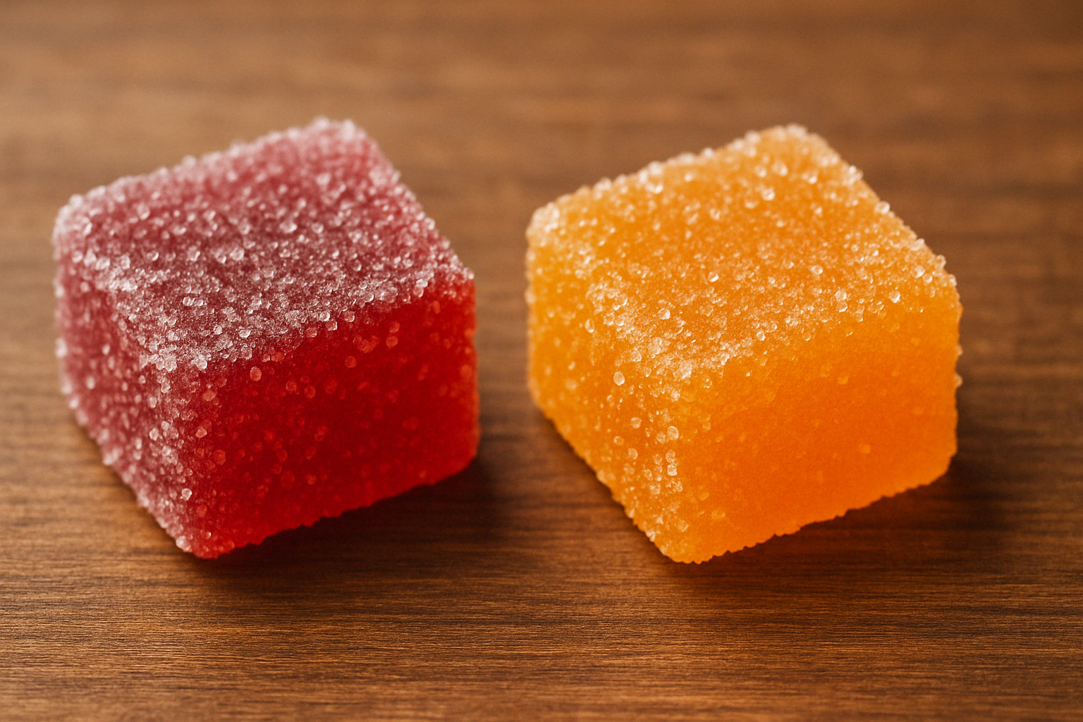 THC and CBD gummies placed next to each other