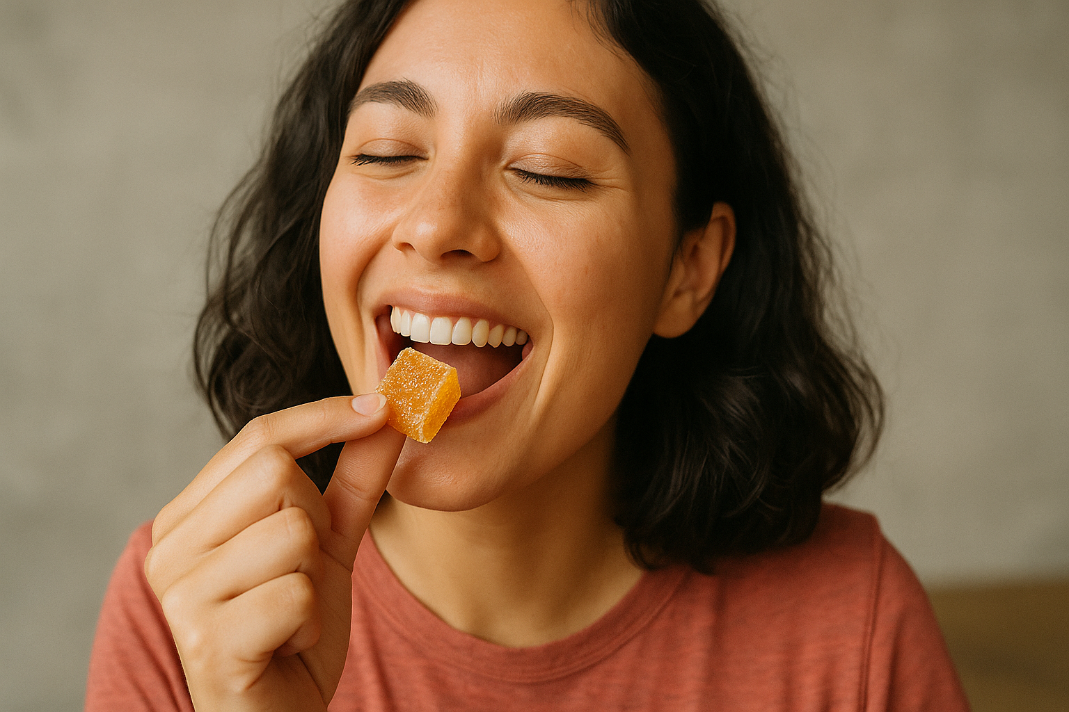 A girl happily eating a THCV gummy