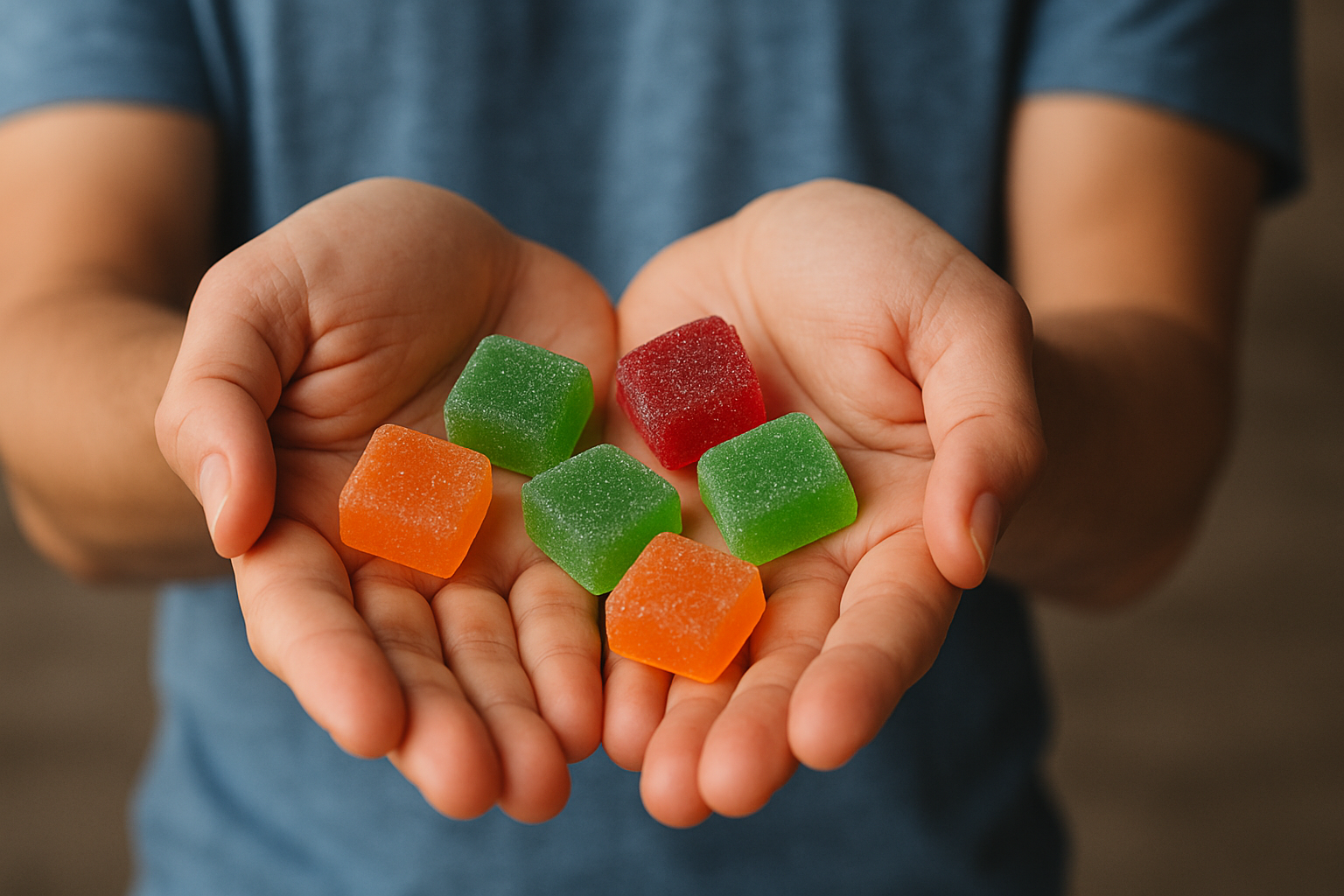 A guy holding a couple of different colored full spectrum cbd gummies in his hand