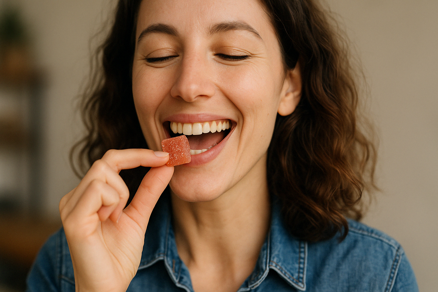 A girl happily eating a red live resin gummy