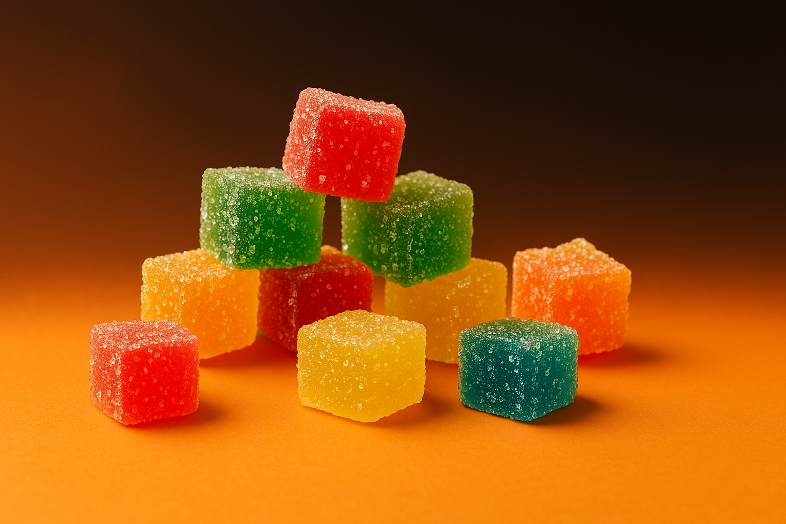 Different colored focus gummies piled on each other