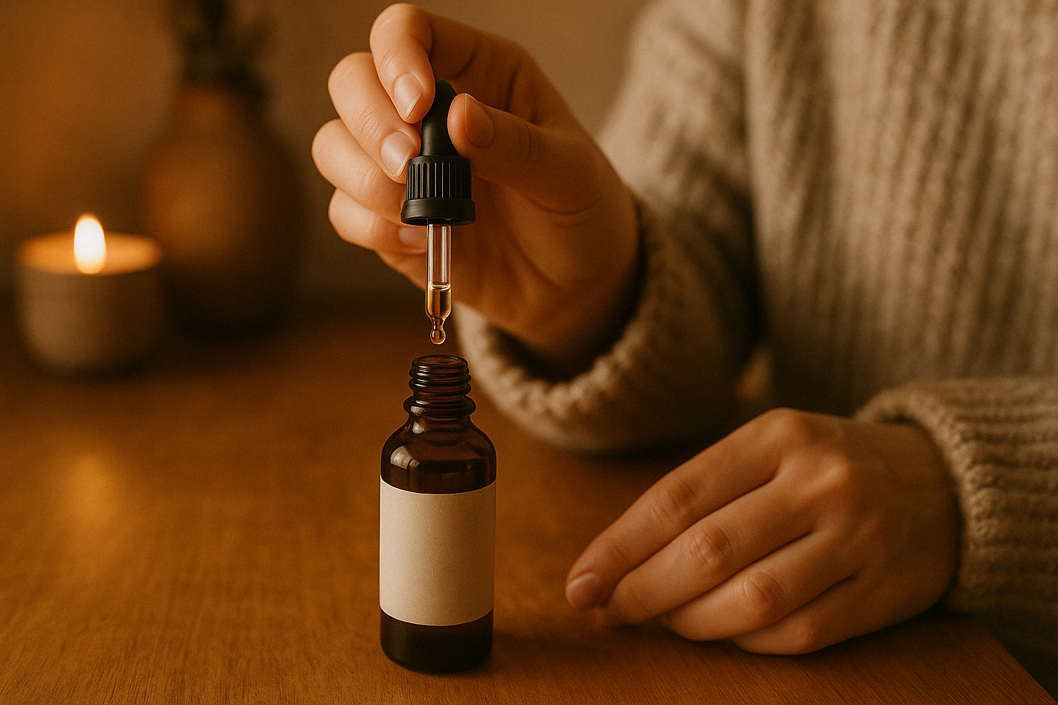 A girl using a dropper to get a small amount of THC oil
