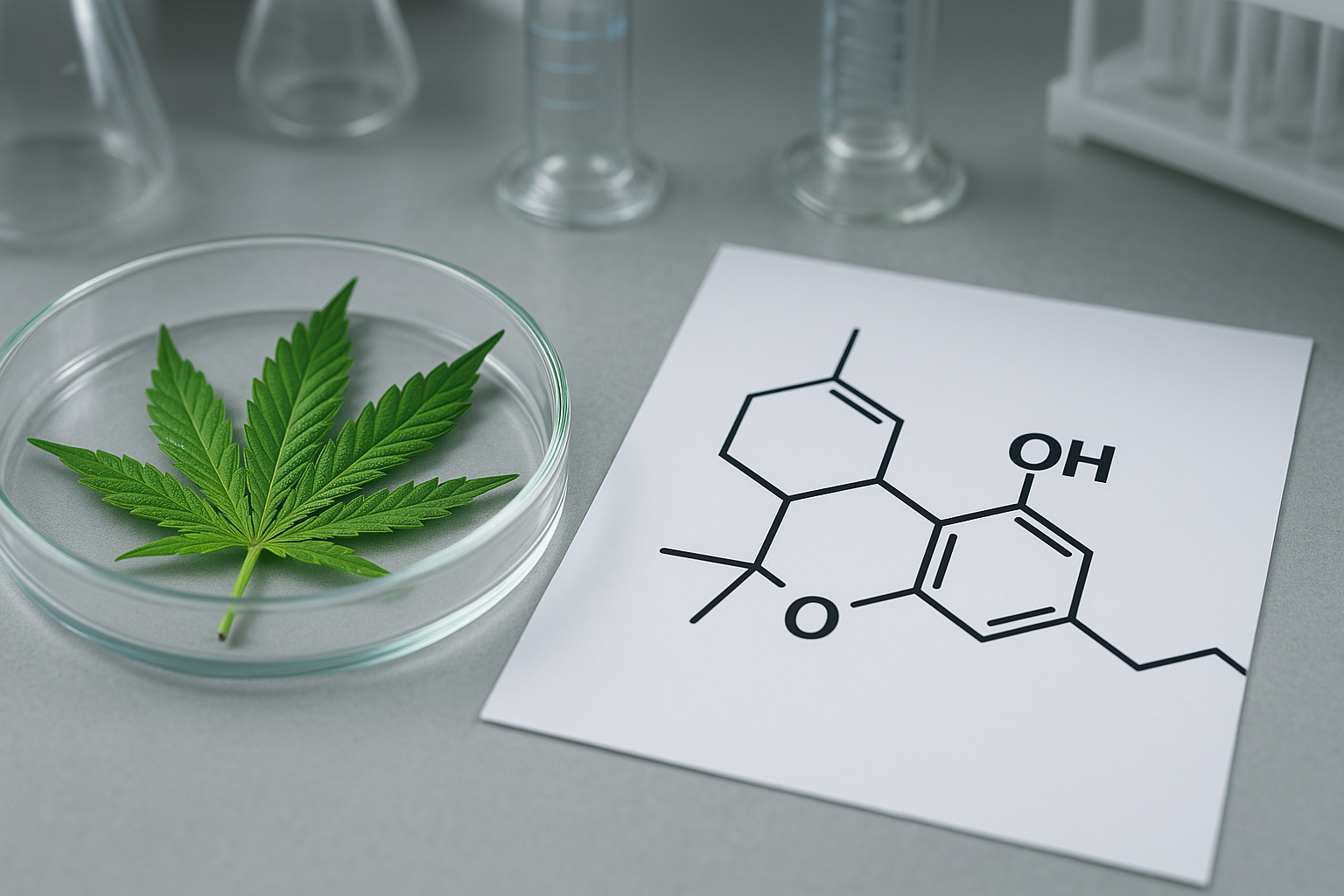 A fresh cannabis leaf in a circular glass with the delta 10 chemical structure on a paper next to it