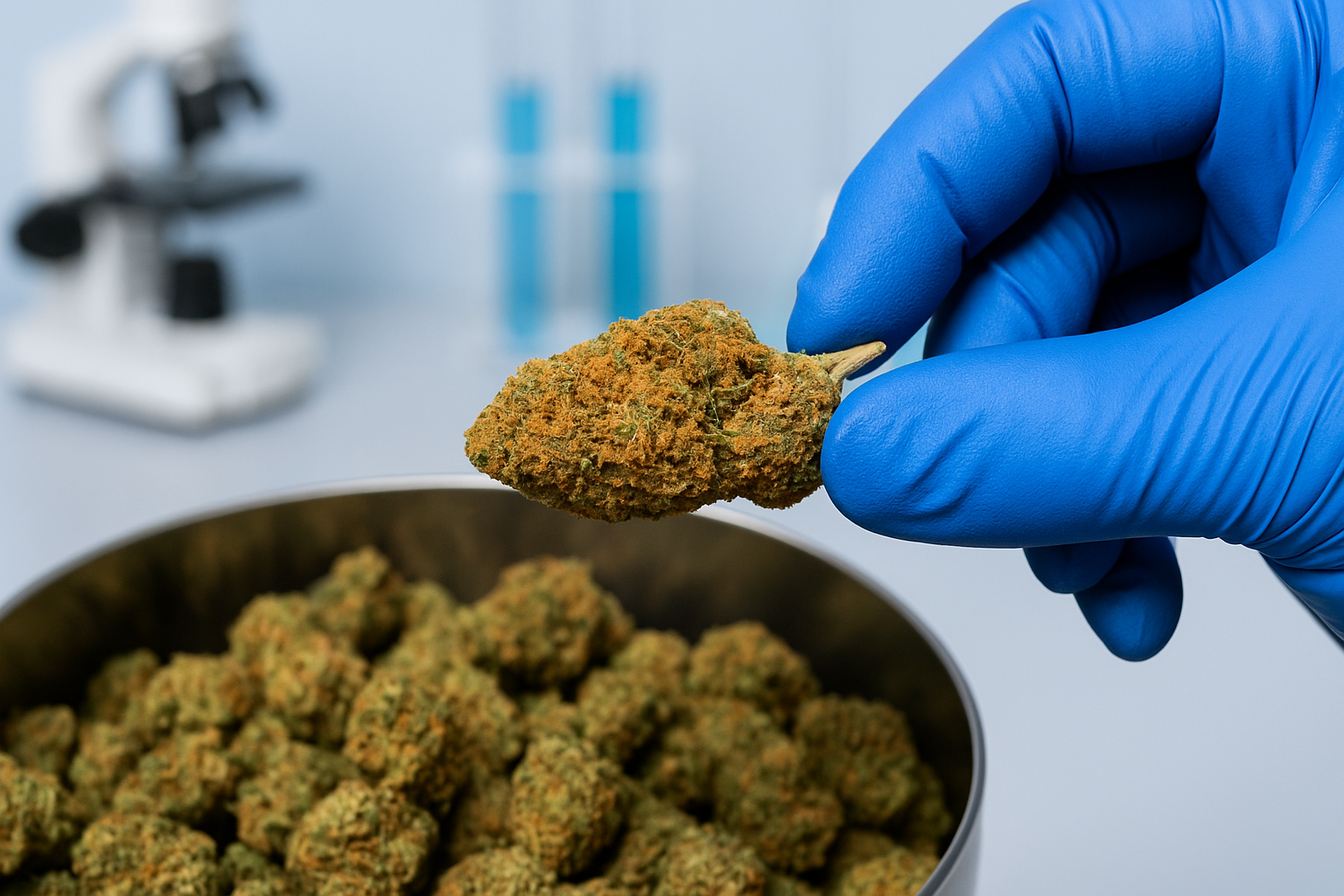 A scientist checking a cannabis flower