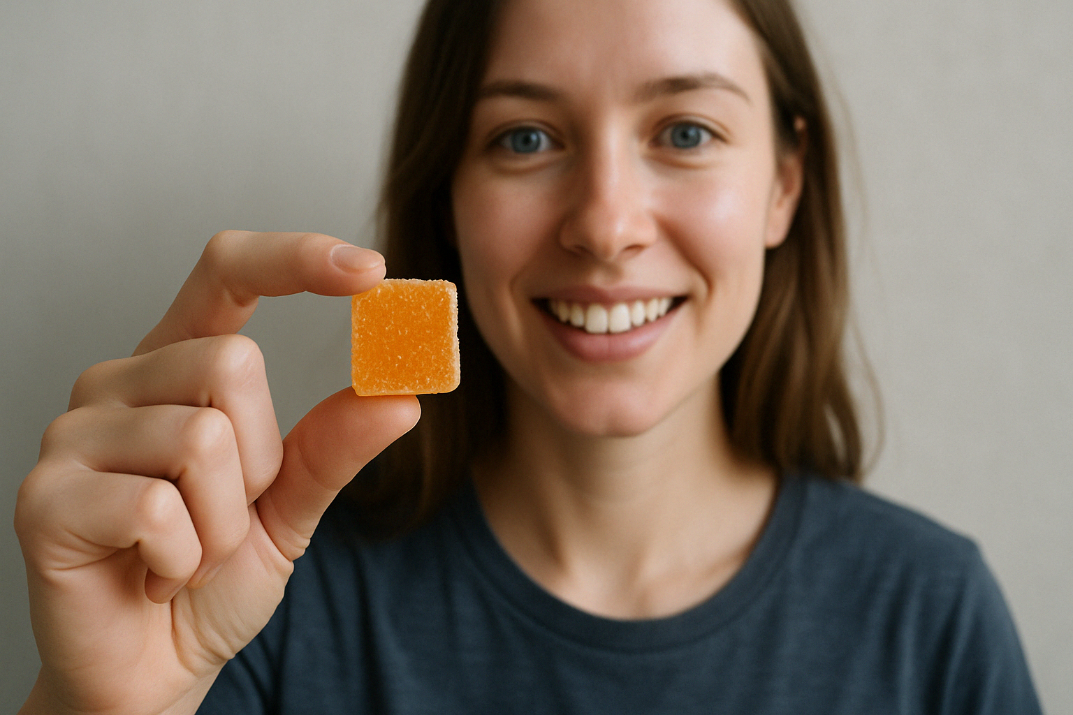 A girl holding a thc gummy for sleep