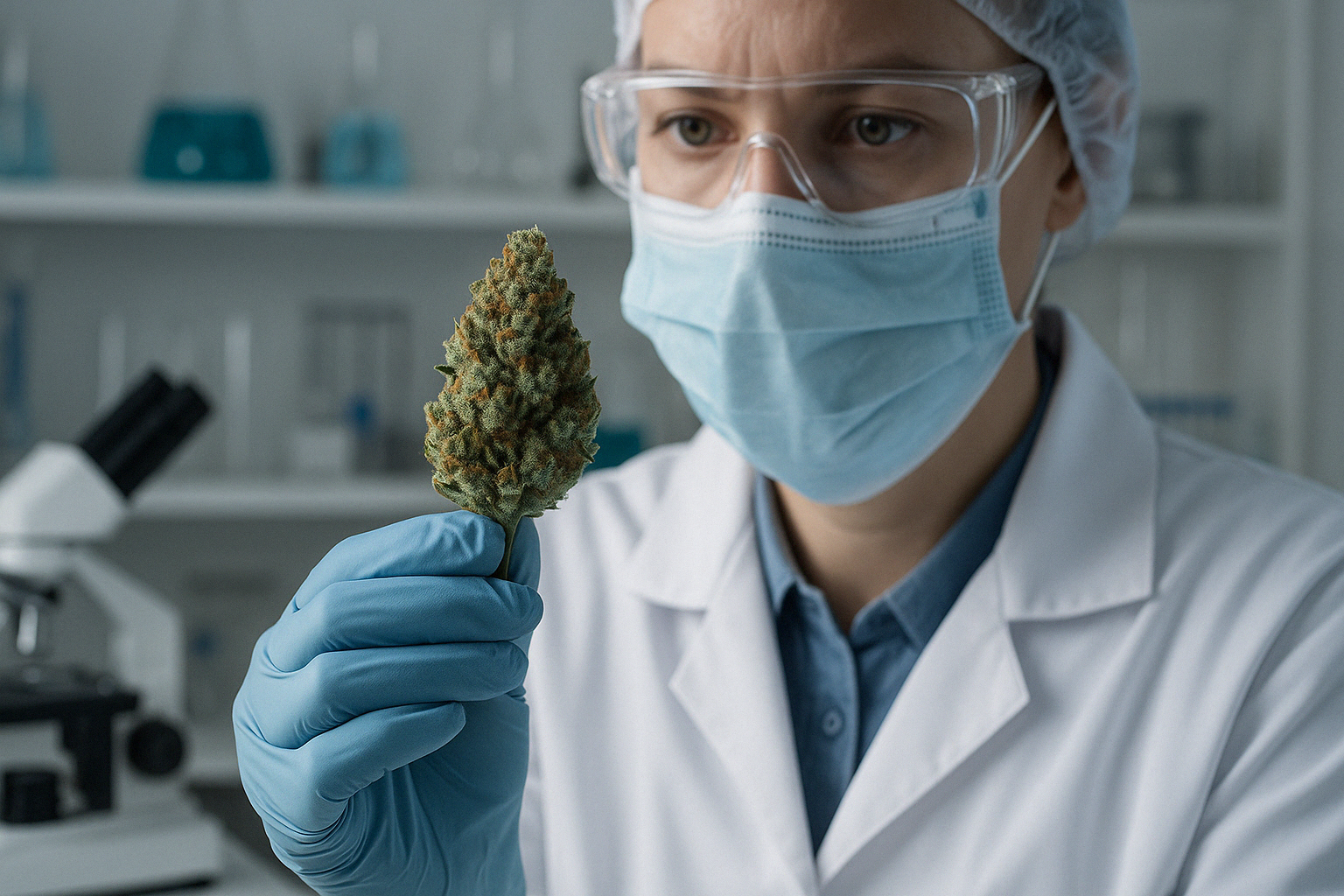 A scientist in a lab coat, mask and gloves checking a cannabis flower