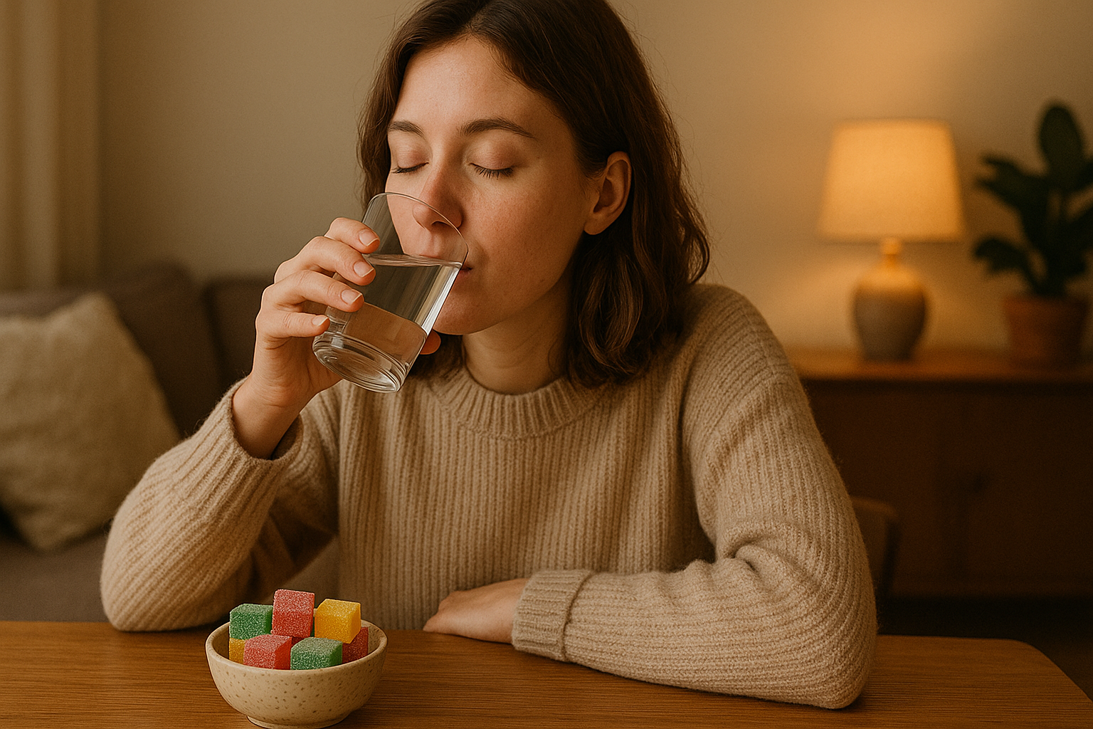 A girl drinking a glass of water with a bowl full of different colored cbd gummies for pain relief.