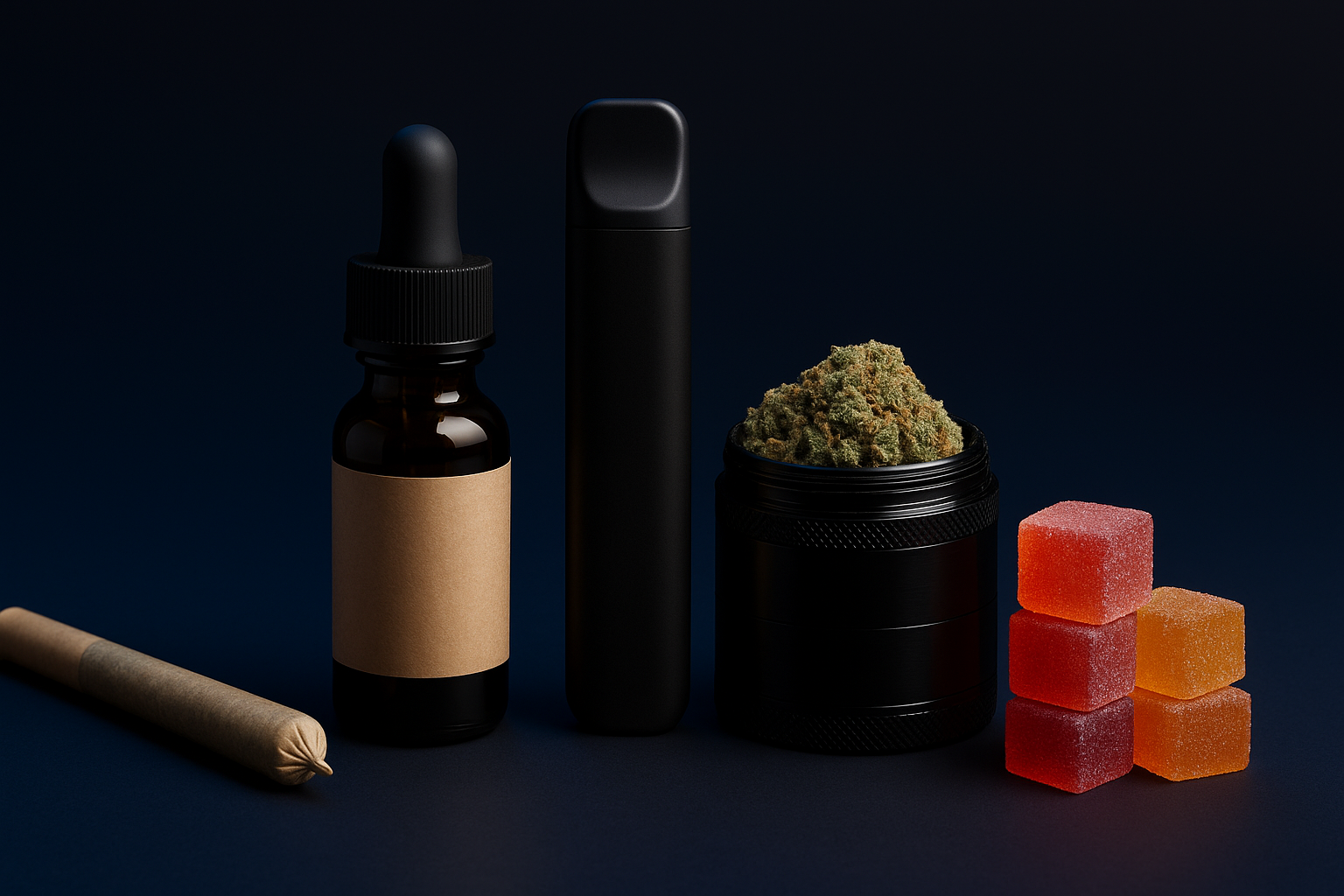 Different kinds of cannabinoid products placed next to each other.
