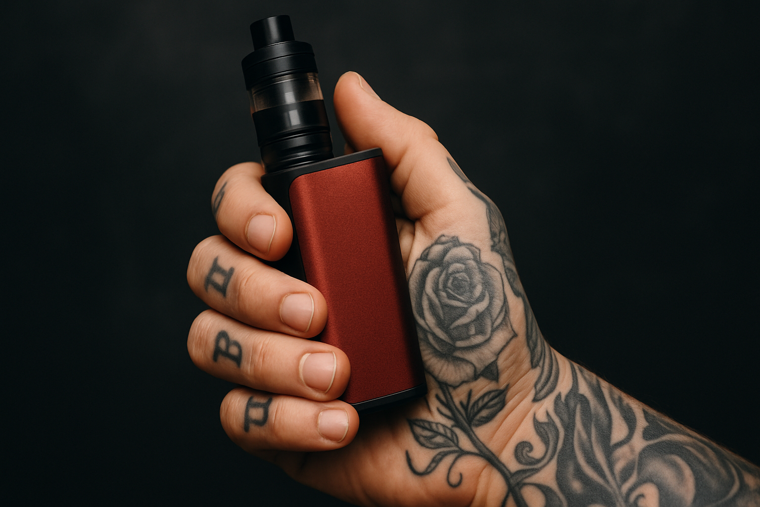 A mans tattooed hand is holding a hybrid vape