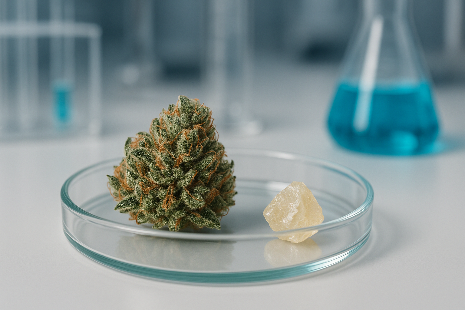 A cannabis flower and THC diamond in a research lab