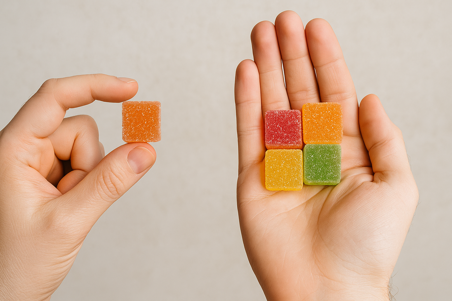 CBN gummy on the left hand and other type of cannabinoid gummy on the right.