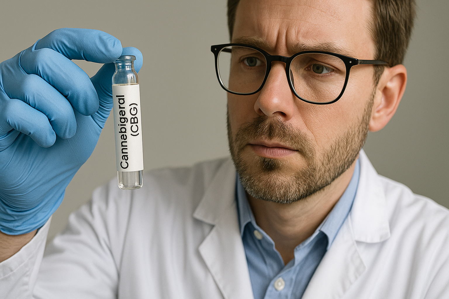 A male scientist holding a glass tube containing extracts of cbg.