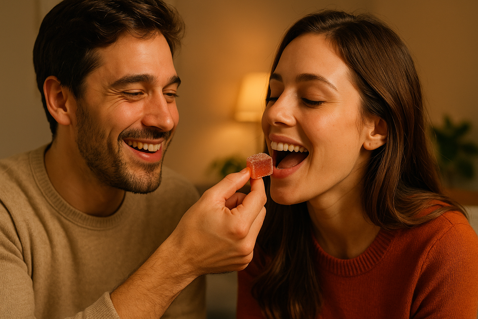 A couple sharing a thc gummy to improve their intimacy