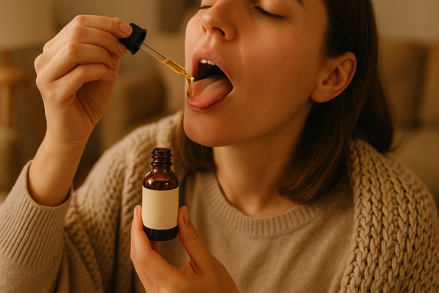 A girl taking delta 9 tincture using the bottle dropper