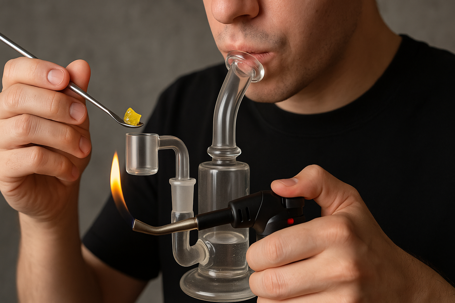 A guy using THCA diamond in a creative way using a dab rig.