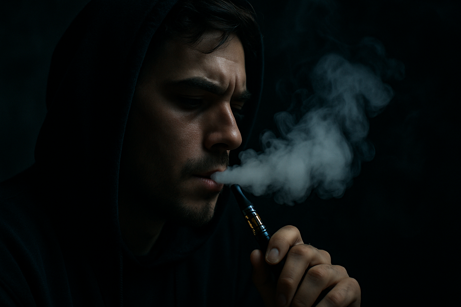 A guy smoking a delta 8 distillate vape in the dark