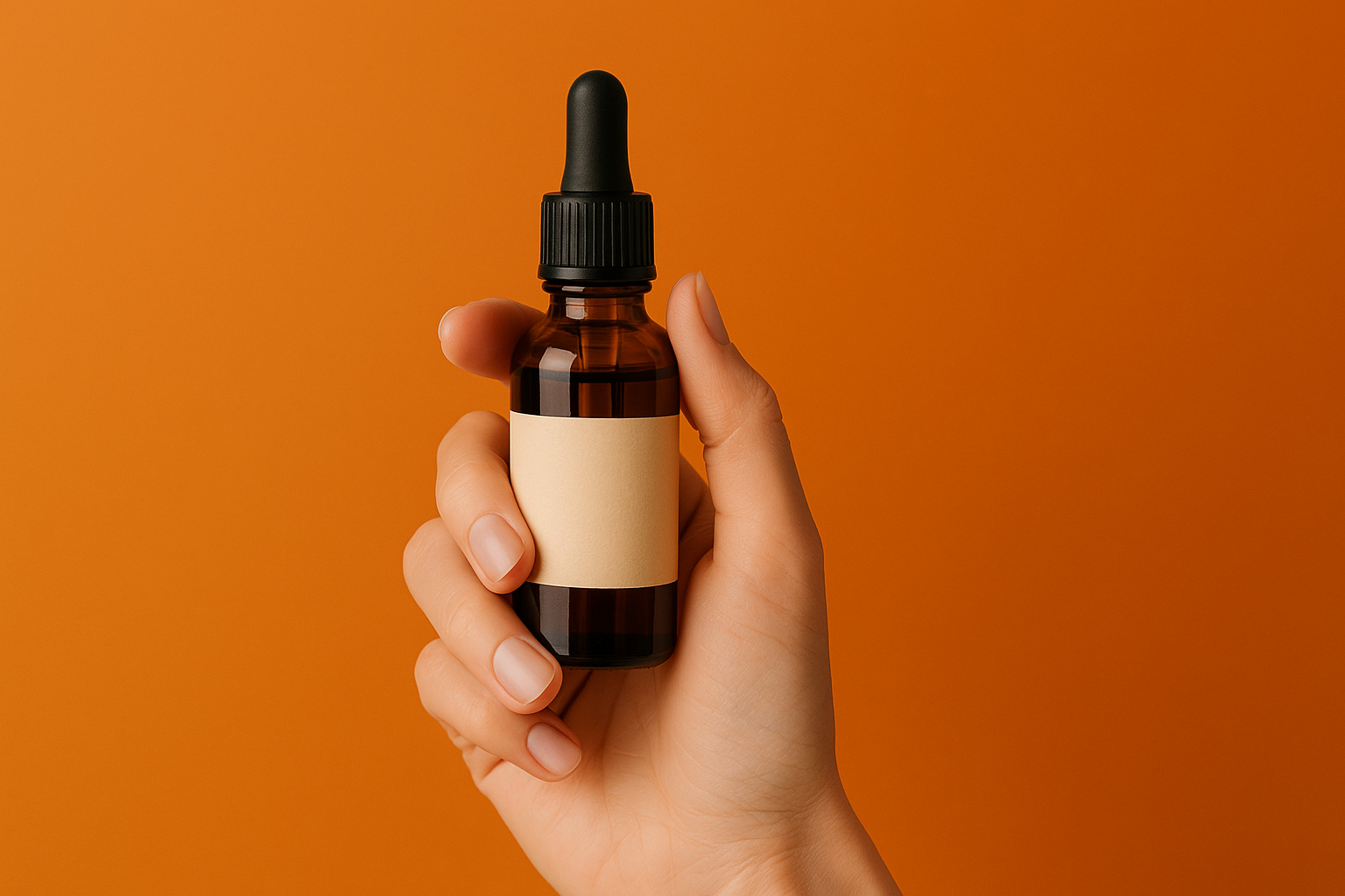 A girls hand holding a bottle of delta 8 thc tincture