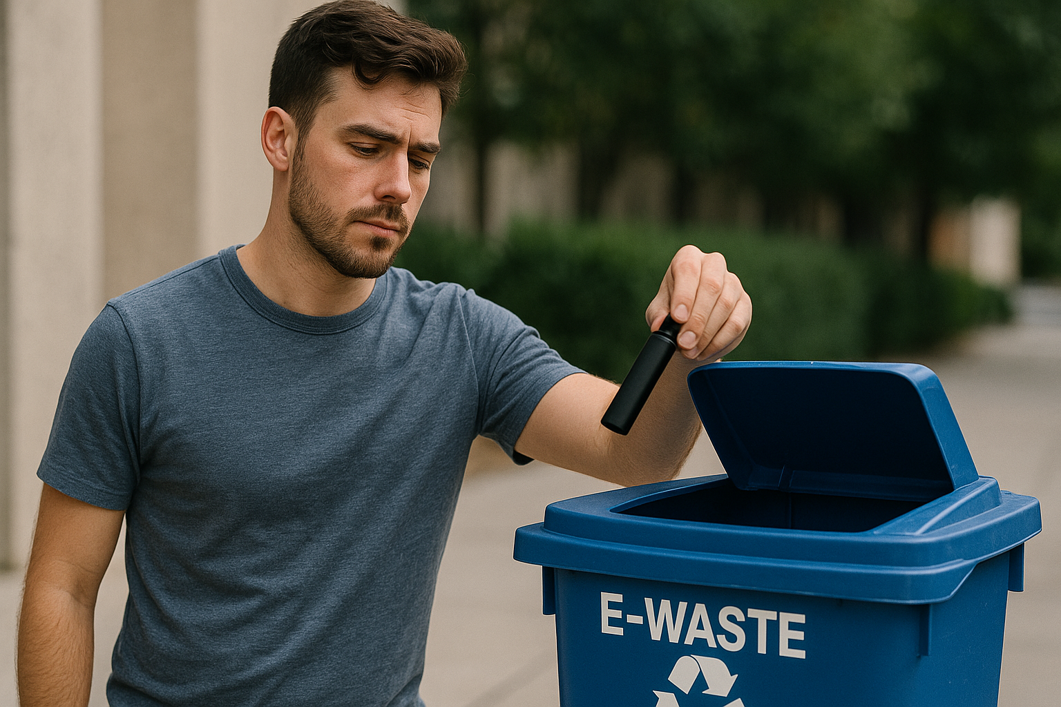 A guy throwing his used disposable vape in an Ewaste trash bin