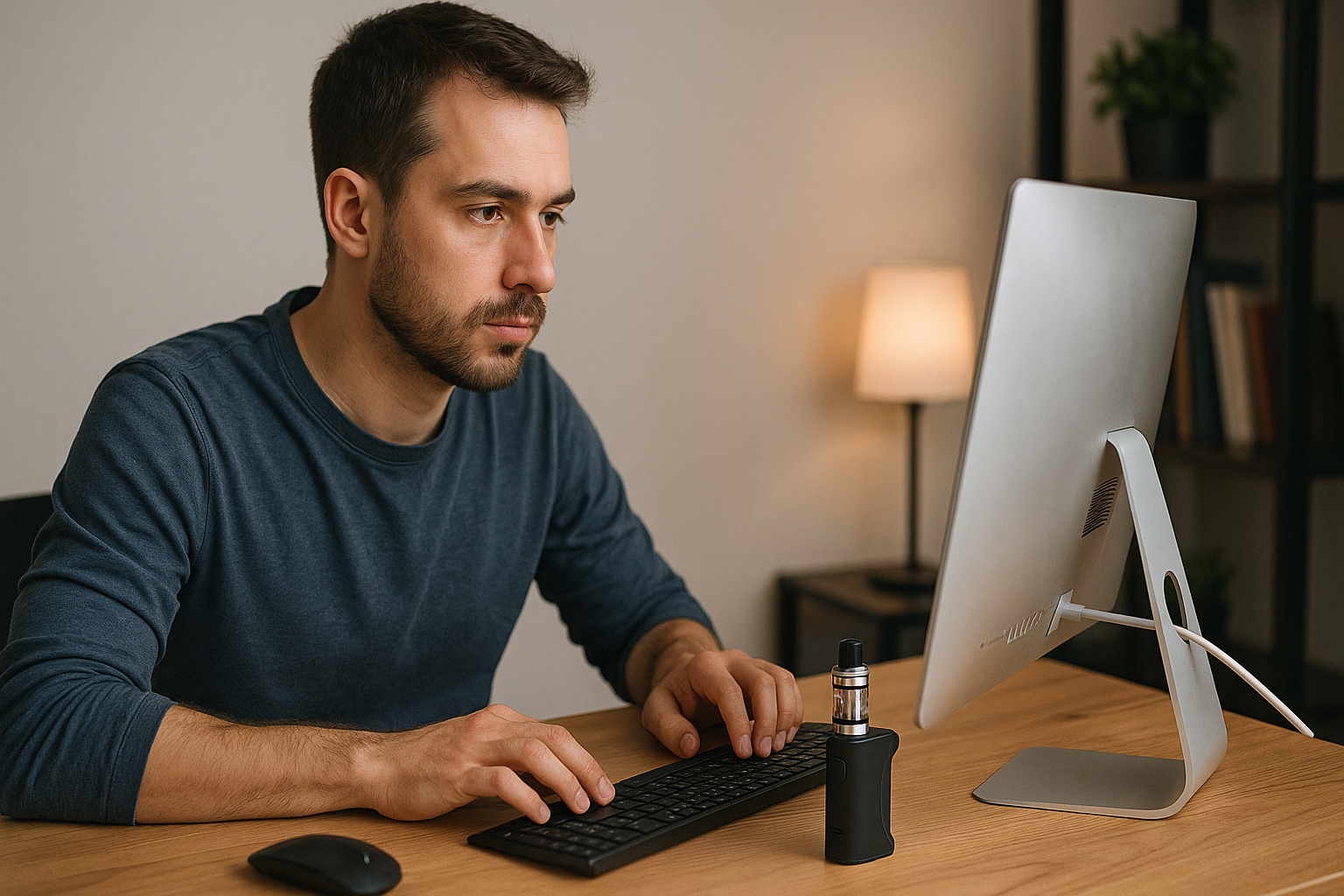 A guy focused on his work with a sativa vape on his desk