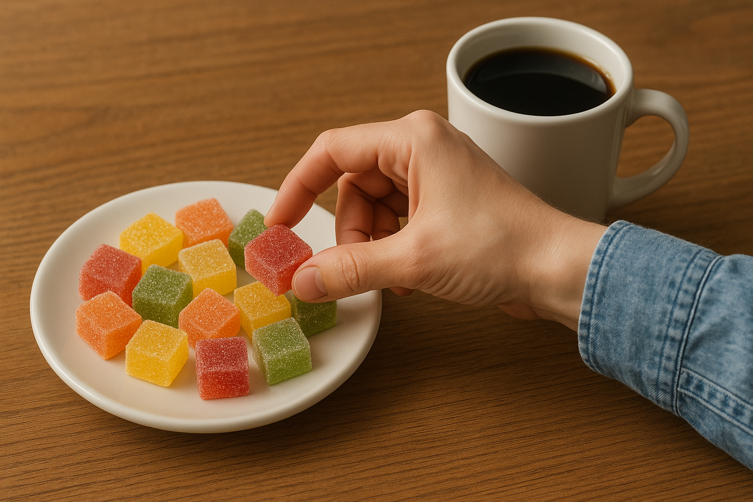 A plate full of different colored THC gummies for microdosing