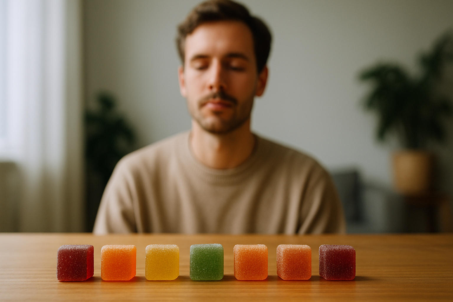 A guy facing different colored THC gummies