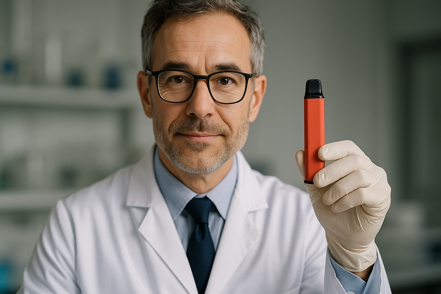 A scientist holding a disposable vape