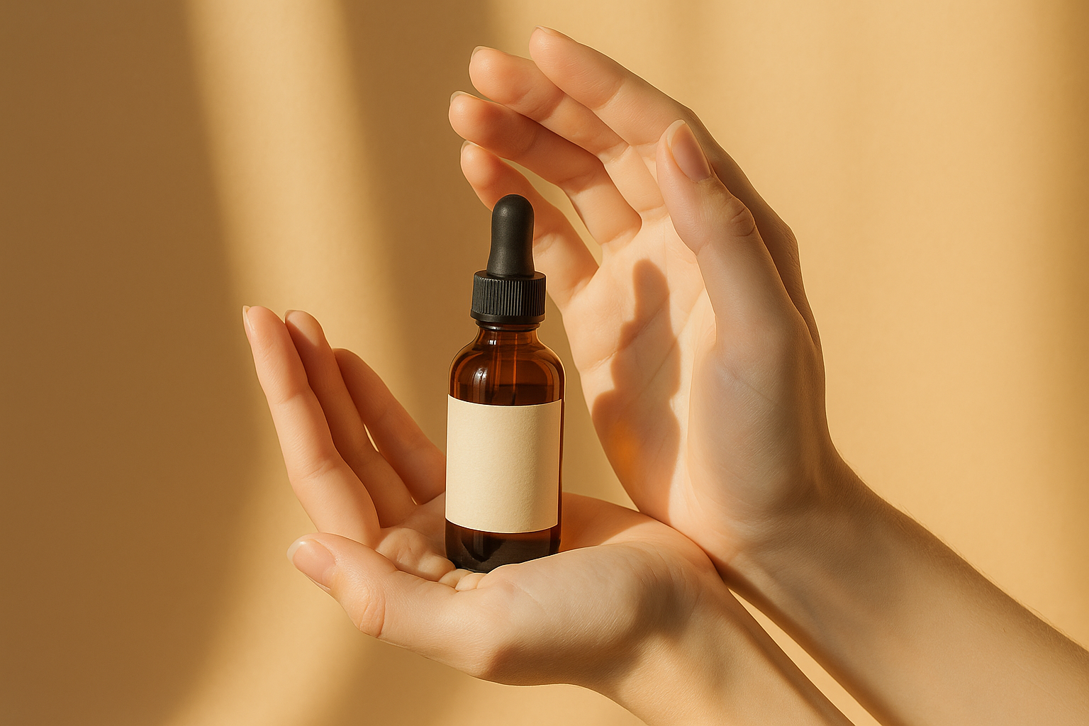 A woman holding a bottle of tincture in the light.