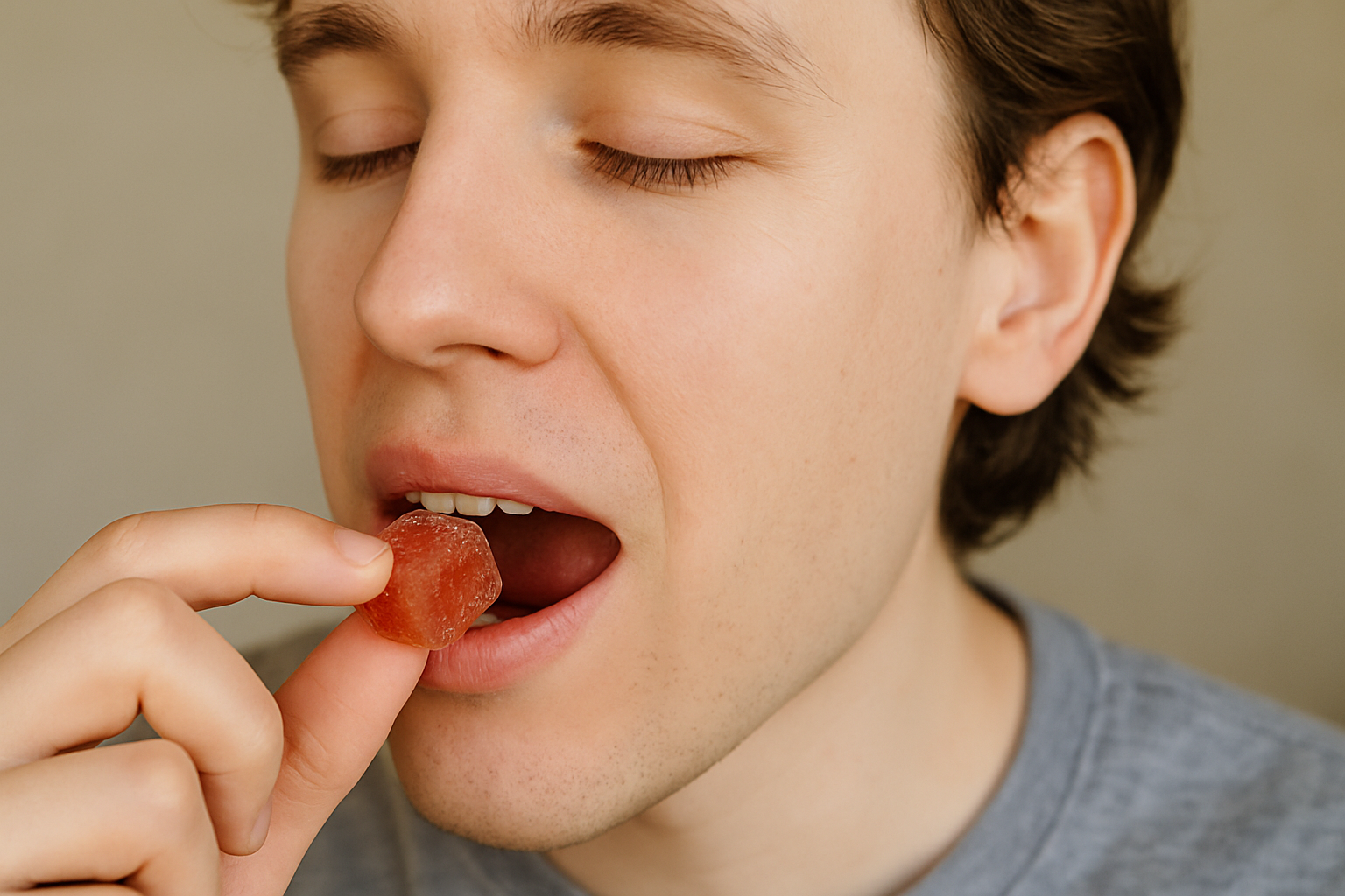 A man eating one libido gummy