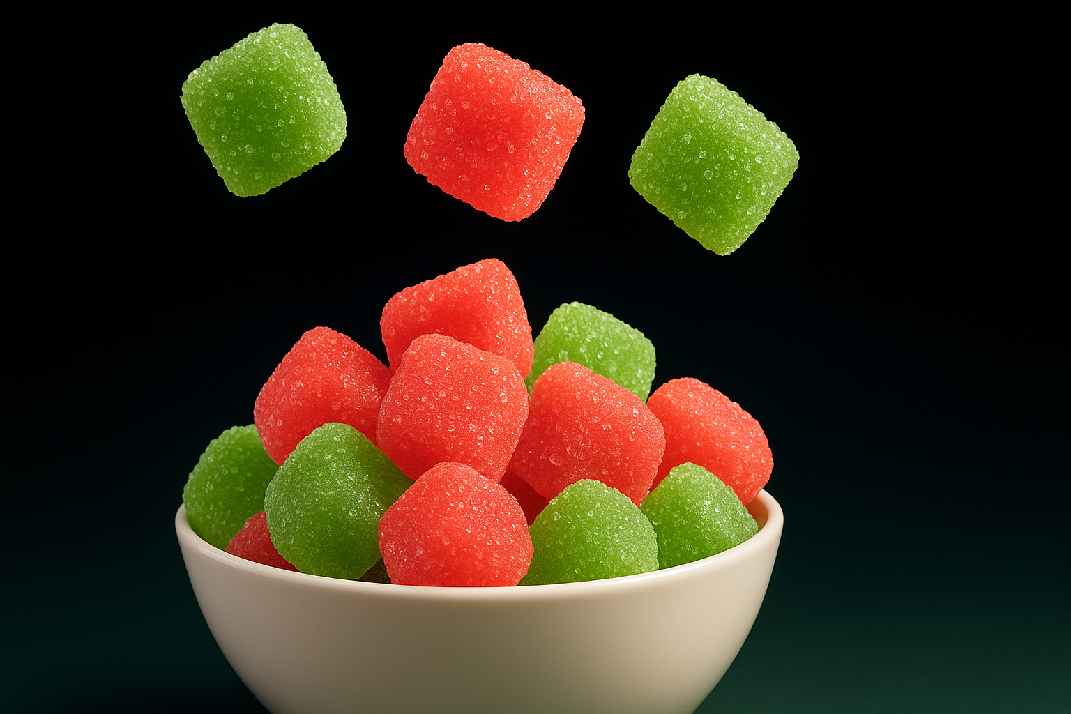 red and green THC gummies in a white bowl