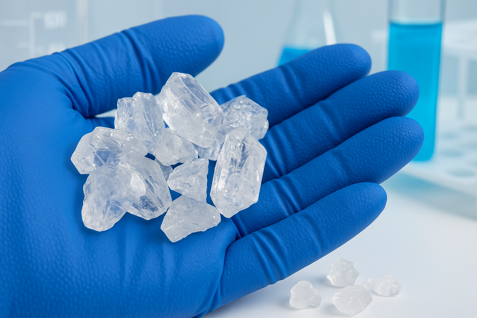 THCA Diamonds in a hand of a scientist wearing a blue glove