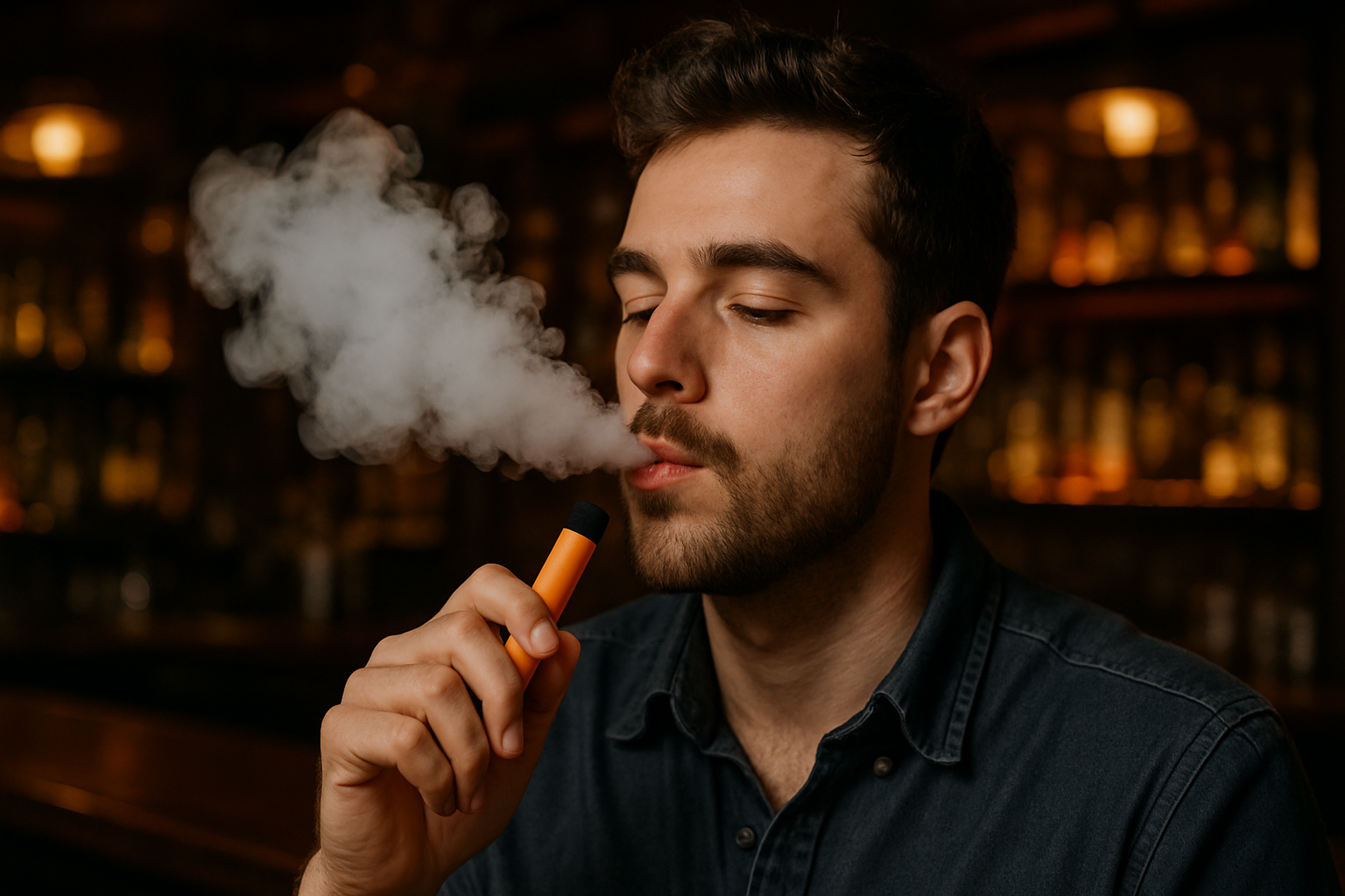 A guy enjoying his vape in a fancy restaurant