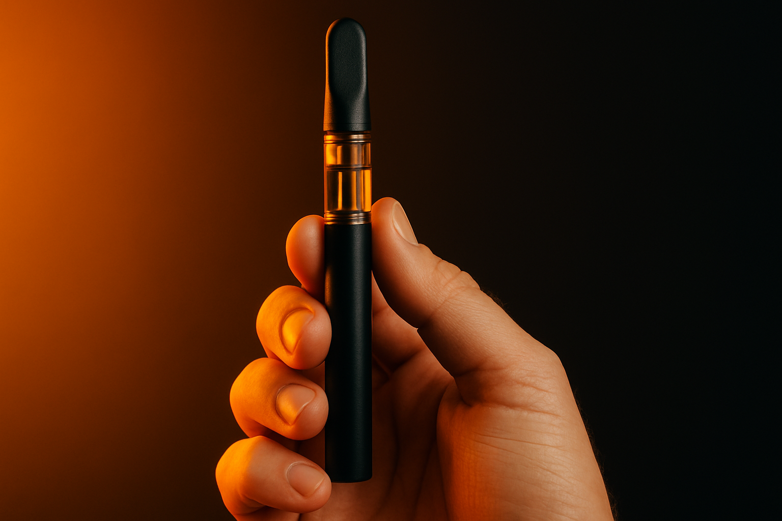 A guys hand holding a vape in dark background