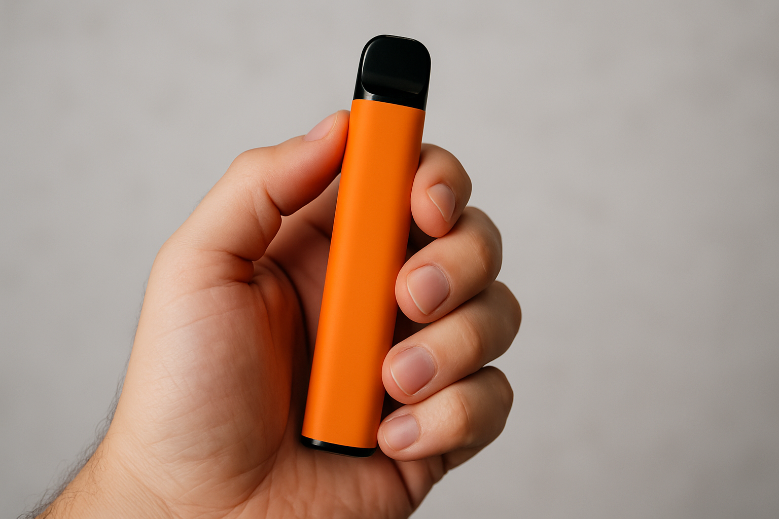 A guy holding an orange THC disposable Vape