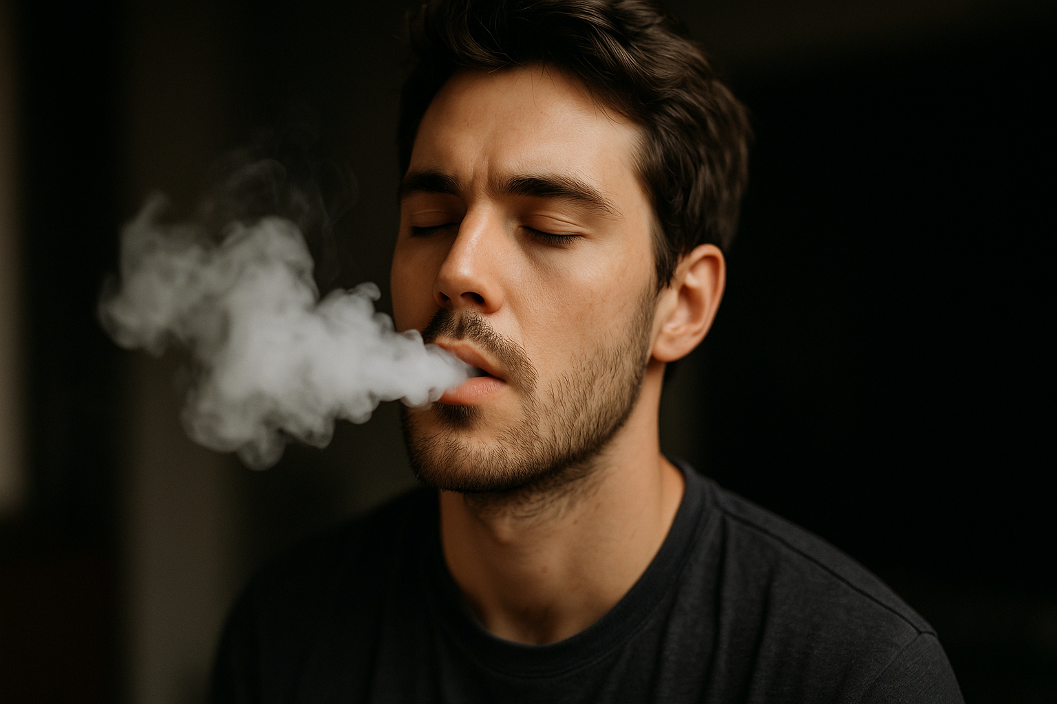 A guy blowing smoke right after using his THCA liquid diamond vape
