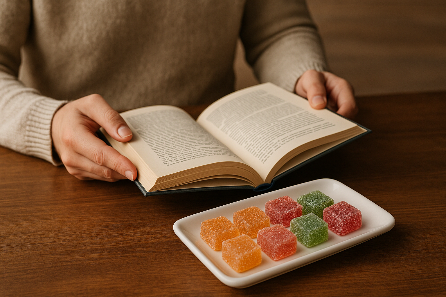A guy reading a book with a plate full of different colored THC gummies