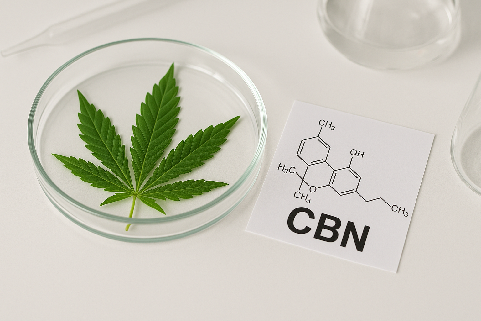 A cannabis leaf and a CBN chemical structure placed next to each other