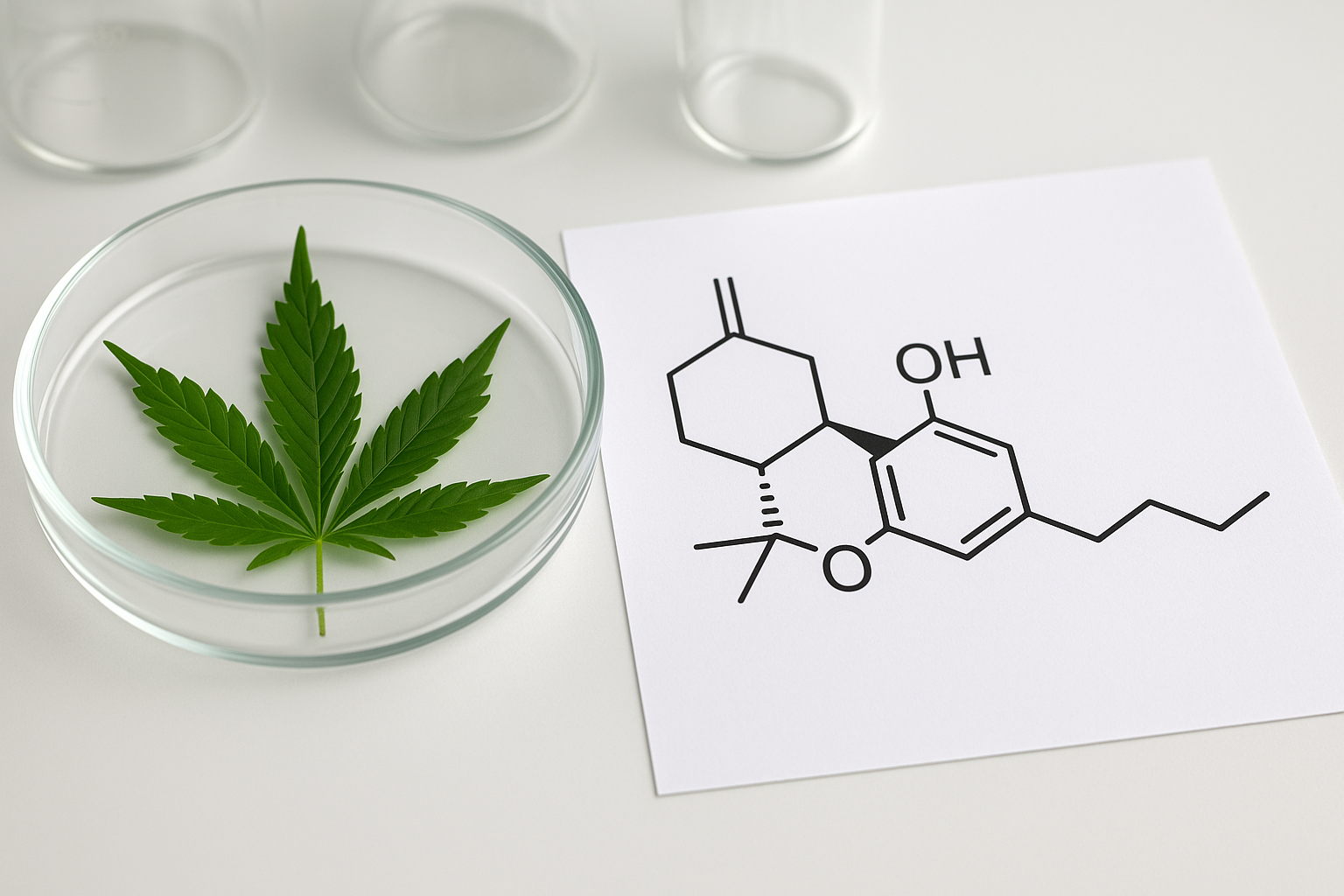 Cannabis leaf in a transparent glass next to a paper with the chemical structure of Delta 11