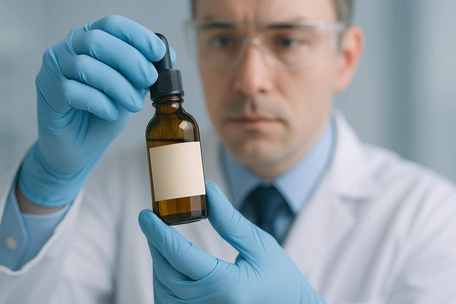 A male scientist holding a bottle of liquid thc