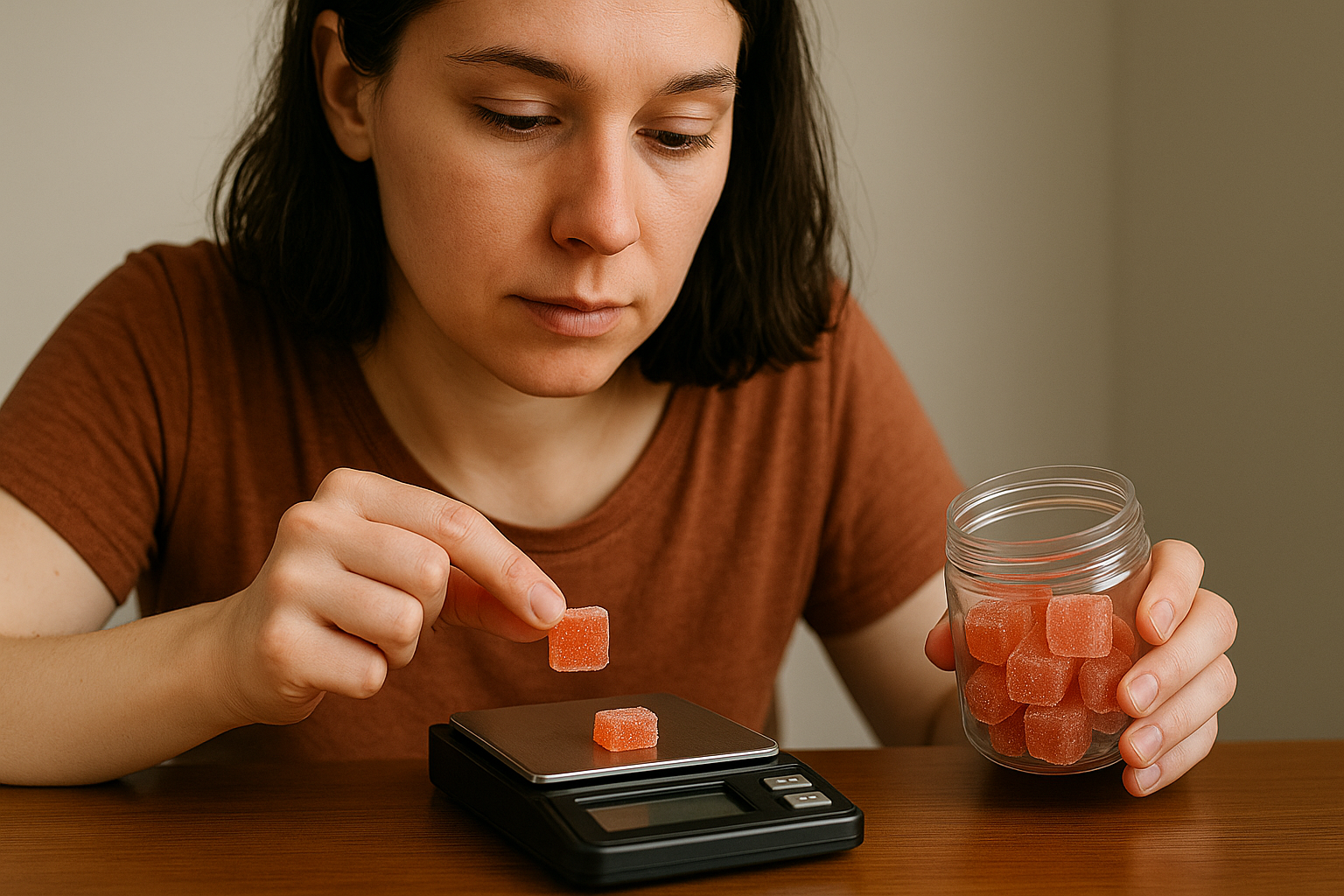 A mother weighing her thc gummies to make sure she is taking the right dosage