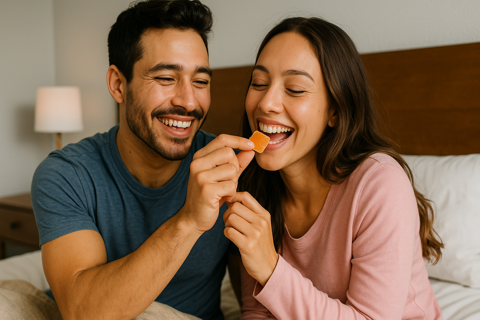 A couple laughing while taking a libido gummy